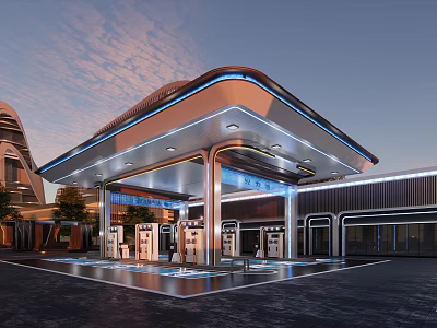 Modern Futuristic Gas Station Architecture With Illuminated Canopy And Fuel Pumps 3d model