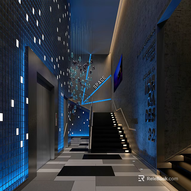 Modern Elevator Hallway Interior With Blue Walls Small Lights Chandelier And Staircase Lighting 3d model 