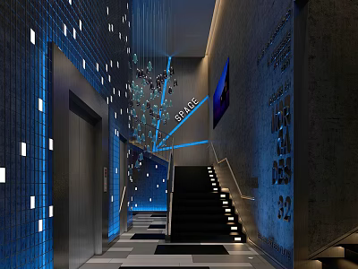 Modern Elevator Hallway Interior With Blue Walls Small Lights Chandelier And Staircase Lighting 3d model