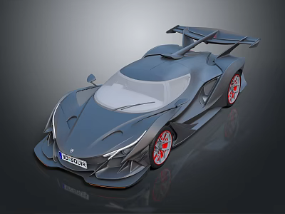 Gray Sports Car With Sleek Design Large Rear Spoiler And Red Wheels 3d model