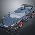 Gray Sports Car With Sleek Design Large Rear Spoiler And Red Wheels