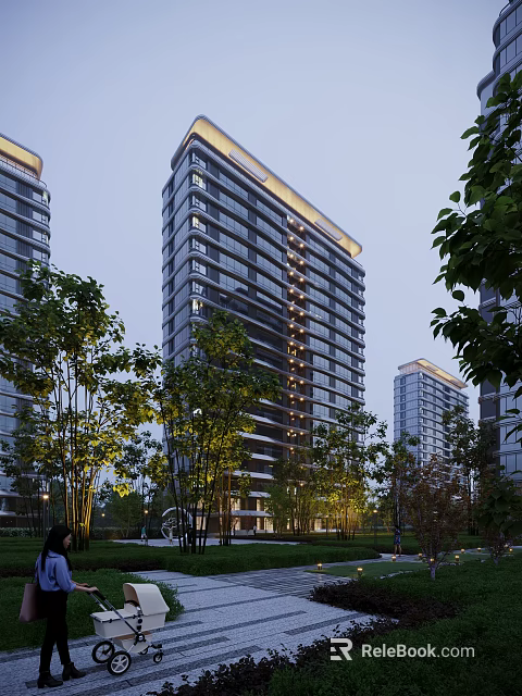 Modern High Rise Residential Building With Green Plants And Evening Lighting At Dusk 3d model 