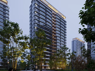 Modern High Rise Residential Building With Green Plants And Evening Lighting At Dusk 3d model
