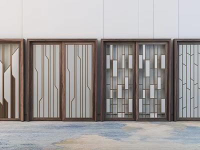 Elegant Sliding Doors with Wooden Frames and Geometric Glass Patterns in Modern Home Design 3d model