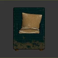 Green Woven Single Sofa With Orange Cushions And Distressed Brown Base