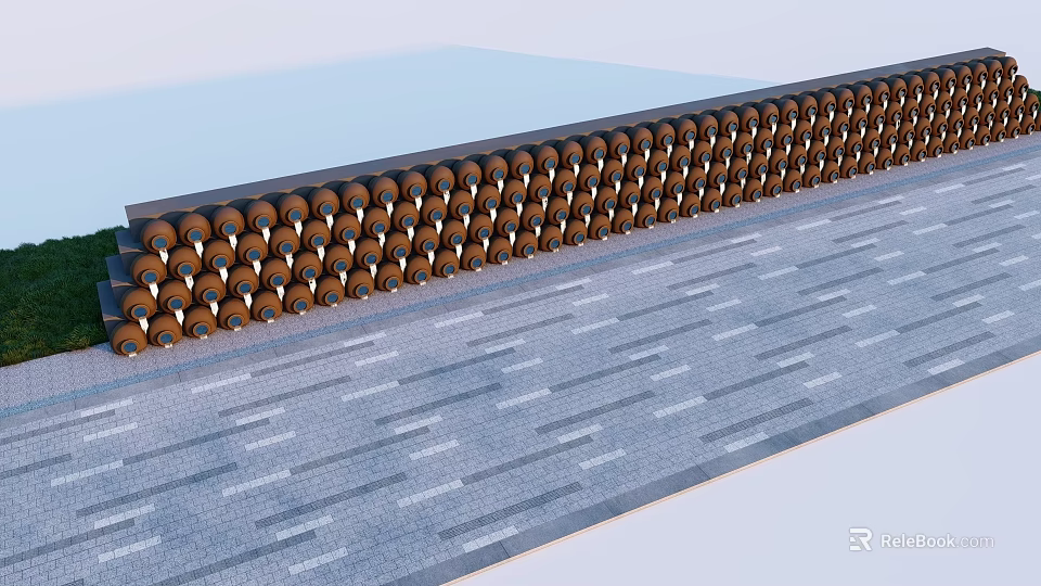 Feature Wall With Arranged Circular Decorations And Smooth Top On Striped Ground 3d model