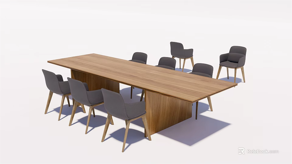 Modern Wooden Dining Table Set With Eight Gray Chairs And Sleek Design 3d model 