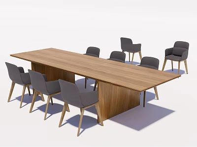 Modern Wooden Dining Table Set With Eight Gray Chairs And Sleek Design 3d model