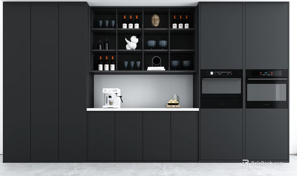 Black Modern Kitchen Cabinets With Open Shelves Countertop Coffee Machine Decorative Items 3d model