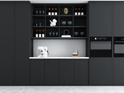 Black Modern Kitchen Cabinets With Open Shelves Countertop Coffee Machine Decorative Items 3d model