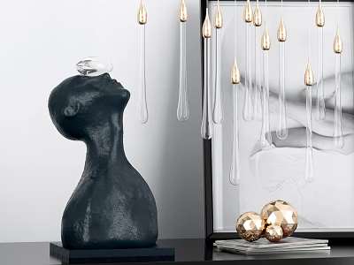 Decorative Ornament Set Featuring Black Sculpture Golden Teardrop Decor And Spherical Ornaments On Books 3d model