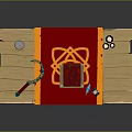 Wooden Workbench Setup with Red Cloth Tools Candles Keys and Crafting Board with Red Patterns