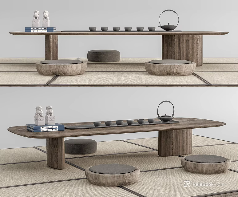 Modern Wooden Tea Table Set With Round Stools Teapot And Teacups 3d model