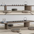 Modern Wooden Tea Table Set With Round Stools Teapot And Teacups 3d model