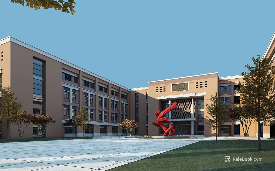 Modern School Building With Beige Facade Large Glass Windows Front Square Red Sculpture And Trees 3d model 
