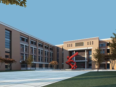 Modern School Building With Beige Facade Large Glass Windows Front Square Red Sculpture And Trees 3d model