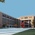 Modern School Building With Beige Facade Large Glass Windows Front Square Red Sculpture And Trees