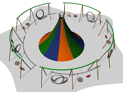 Outdoor Playground Equipment With Conical Climbing Structure Circular Frame Swings And Tire Rings 3d model