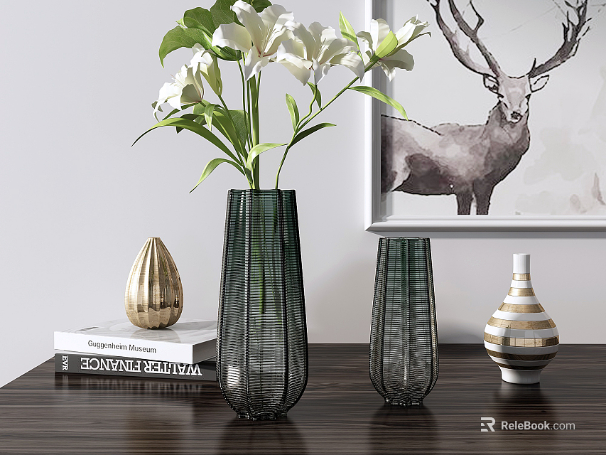 Decorative Green Vases With White Lilies On Wooden Table Alongside Books And Deer Painting 3d model 