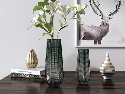 Decorative Green Vases With White Lilies On Wooden Table Alongside Books And Deer Painting 3d model
