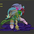 Game Movie Character With Blue Hair Pink Body Cat Ears Tail Crouching On Cracked Ground
