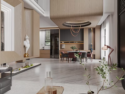 Modern Loft Living Room Interior With Wooden Decor Art And Plants 3d model