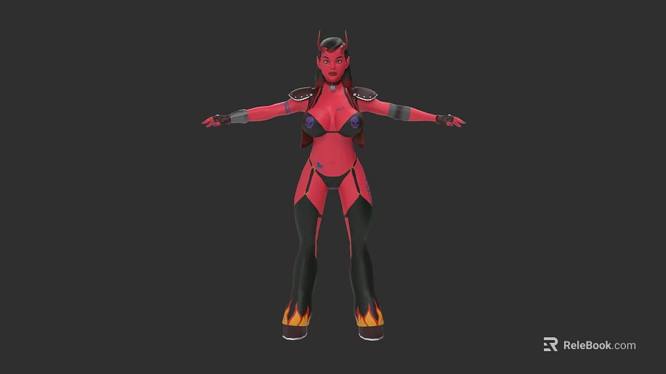 Woman With Red Skin Horns And Tight Red Black Outfit Flame Decorated Feet 3d model 