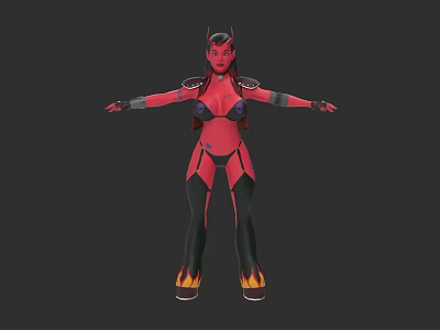 Woman With Red Skin Horns And Tight Red Black Outfit Flame Decorated Feet 3d model
