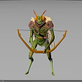 Horned Green Mythical Creature Character With Red Accent Armor And Orange Bow