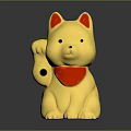 Golden Lucky Cat Figurine With Red Ears Collar And Bell On Shiny Black Surface