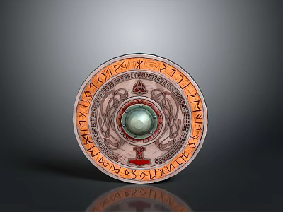 Ancient Decorative Shield With Round Design Central Green Gemstone And Intricate Runic Patterns 3d model