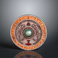 Ancient Decorative Shield With Round Design Central Green Gemstone And Intricate Runic Patterns