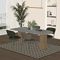 Modern Minimalist Dining Table Set With White Oval Top Green Beige Chairs And Potted Plant