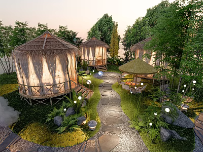 Cozy Resort Garden Landscape With Thatched Glamping Huts Lush Greenery And Natural Stone Walkways 3d model