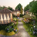 Cozy Resort Garden Landscape With Thatched Glamping Huts Lush Greenery And Natural Stone Walkways