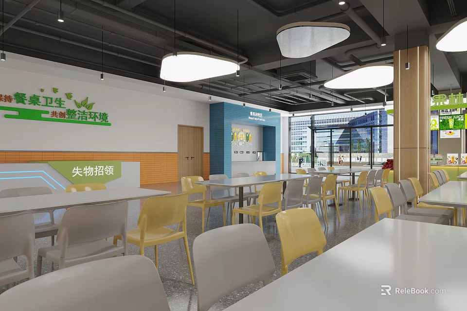 Modern Cafeteria Interior With Waste Sorting Area And Bright Lighting Tables Chairs 3d model