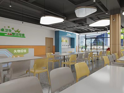 Modern Cafeteria Interior With Waste Sorting Area And Bright Lighting Tables Chairs 3d model