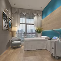 Modern Beauty Treatment Room Interior With Treatment Bed Equipment Decorative Paintings And Potted Plant