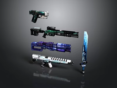 Futuristic Weapons Collection Featuring Various Gun Rifle And Sword Designs 3d model