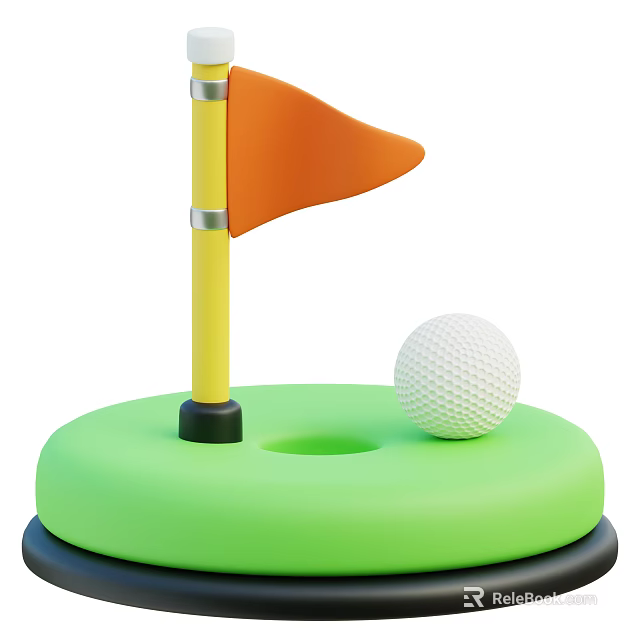Golf Sports Equipment With Mini Flagstick Orange Flag And White Ball On Green Base 3d model 