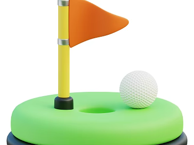 Golf Sports Equipment With Mini Flagstick Orange Flag And White Ball On Green Base 3d model