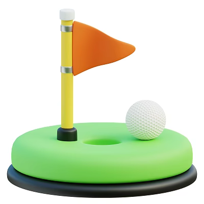 Golf Sports Equipment With Mini Flagstick Orange Flag And White Ball On Green Base 3d model