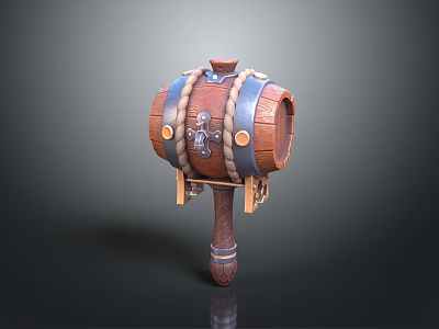 Decorative Wooden Hammer With Barrel Shaped Head Metal Accents And Rope Details 3d model