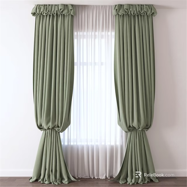 Green Pleated Curtains With White Sheer Panels Tied At Window Sides 3d model 