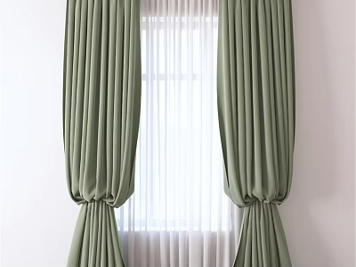 Green Pleated Curtains With White Sheer Panels Tied At Window Sides 3d model