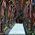 Futuristic Building Corridor Featuring Metallic Structures Colored Lights And Blue Tiled Floor