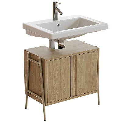 Modern White Washbasin With Light Wood Cabinet Double Doors And Metal Frame 3d model
