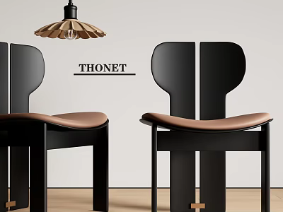 Black THONET Dining Chairs With Brown Leather Seat And Unique Back Design On Wooden Floor 3d model
