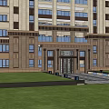 Elegant Residential Building Exterior With Stone Facade Grand Entrance Lighting Stone Pathway And Lawn