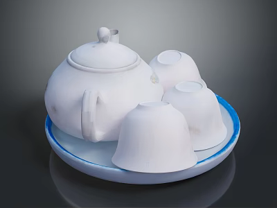 White Ceramic Teapot With Three Cups On Blue Rimmed Tray For Daily Use 3d model